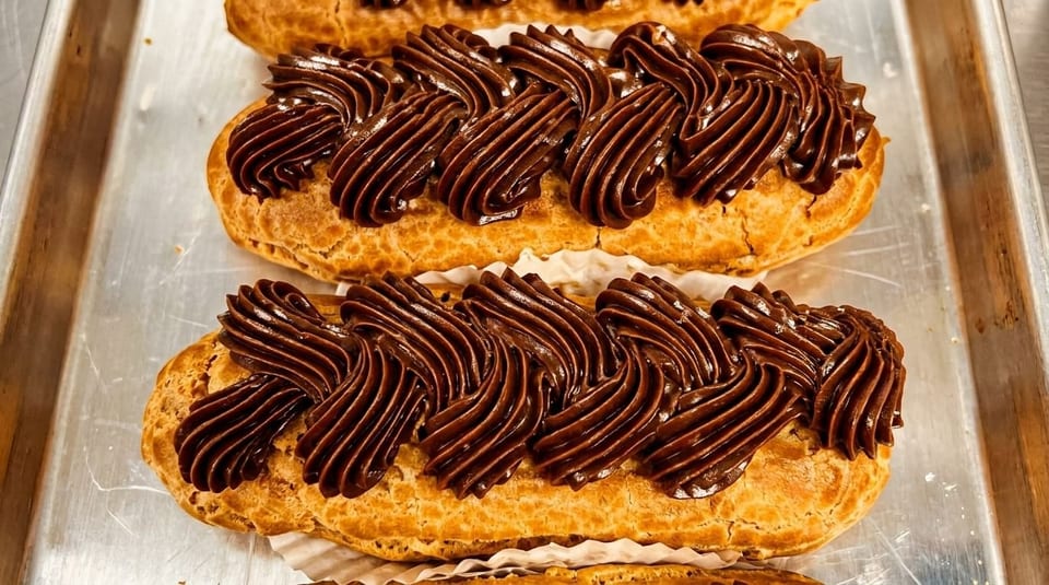 Rows of golden-brown eclairs topped with rich, piped chocolate frosting on a metal tray.