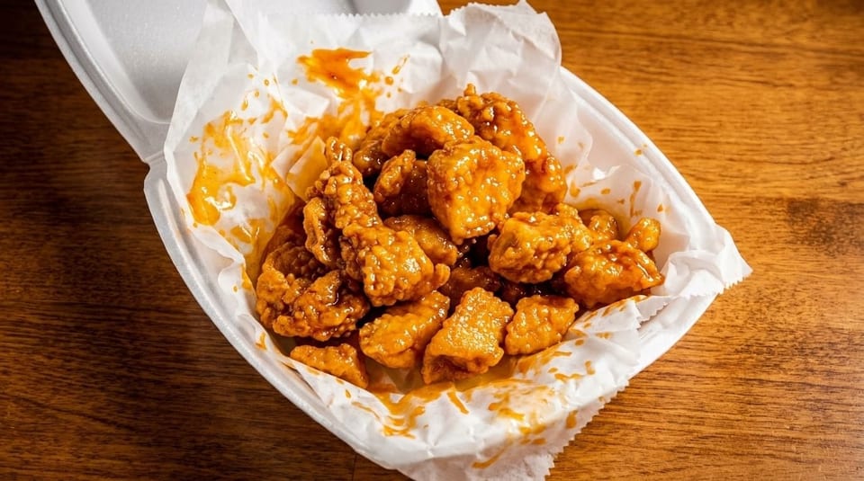 Crispy orange chicken pieces coated in sweet and sour sauce, served in a white takeout container.